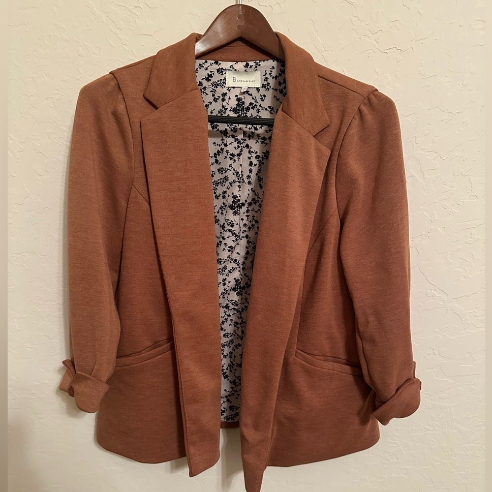 The Skies Are Blue Franscene Stretch Knit Camel-Colored Blazer, Size 1X